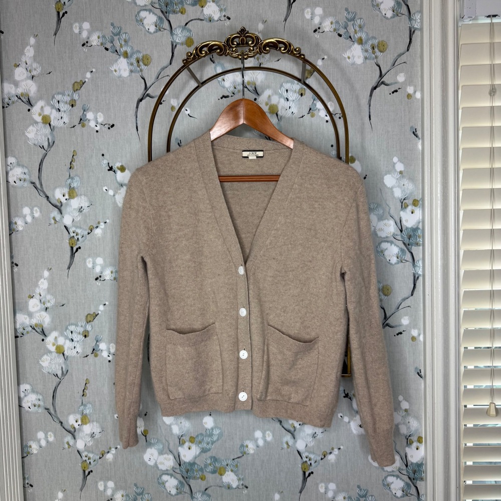 J. Crew Womens 100% Cashmere V-Neck Button Front Cardigan Sweater Tan XXS